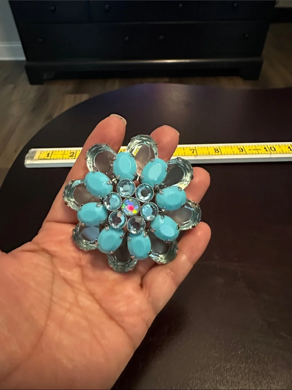 Aqua Blue Floral Crystal Statement Brooch - Women Jewelry